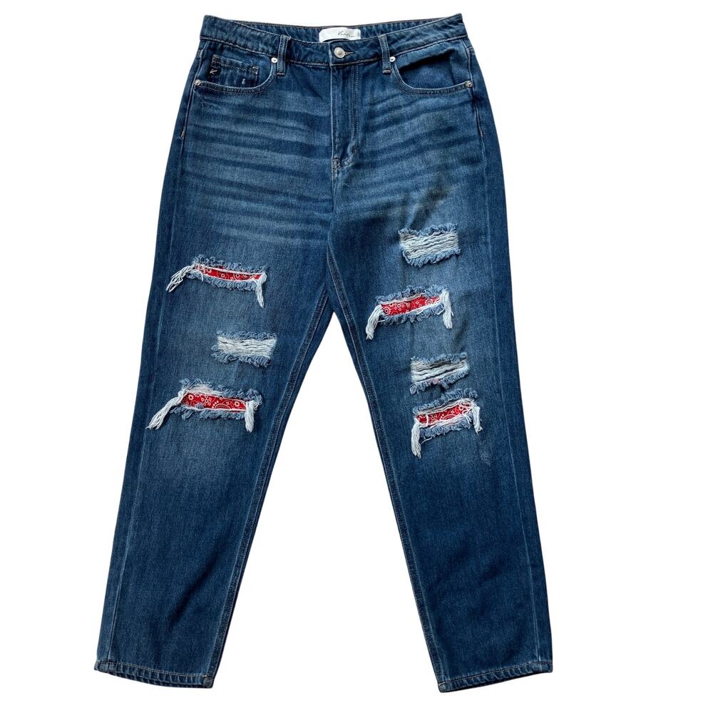 KanCan Distressed High Rise Boyfriend Ankle Jeans Size 9/28 Peek-a-Boo Bandana